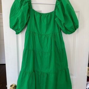 Elegant Green Puff Sleeve Midi Dress
